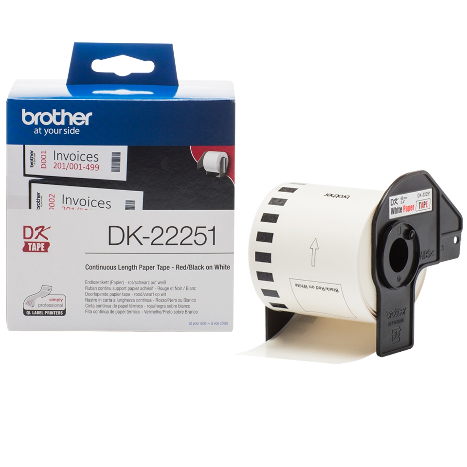 Brother DK22251 - Etiquetas Originales de Tamao personalizado - Ancho 62mm x 15,24 metros - Texto rojo y negro sobre fondo blanco