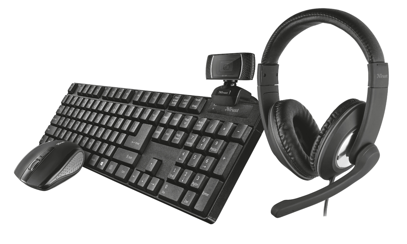 Trust Qoby 4 en 1 Pack de Webcam con Microfono HD 720p 8MP + Auriculares con Microfono + Teclado Inalambrico + Raton Inalambrico 1600dpi