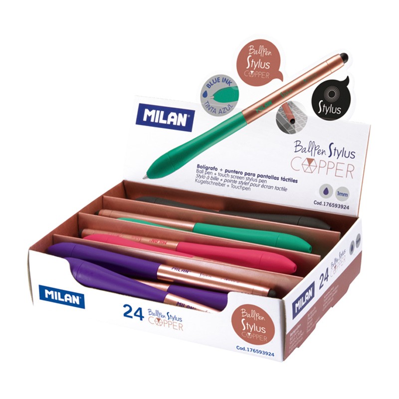 Milan Stylus Copper Expositor de 24 Boligrafos de Bola Retractiles - Punta 1mm - Puntero para Pantalla Tactil - Cuerpo de Colores Surtidos - Color de Tinta Azul