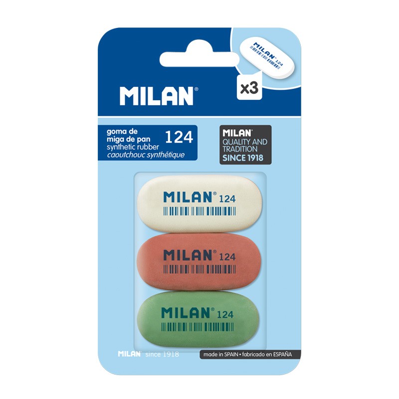 Milan 124 Pack de 3 Gomas de Borrar Ovaladas - Miga de Pan - Suave Caucho Sintetico - Colores Surtidos