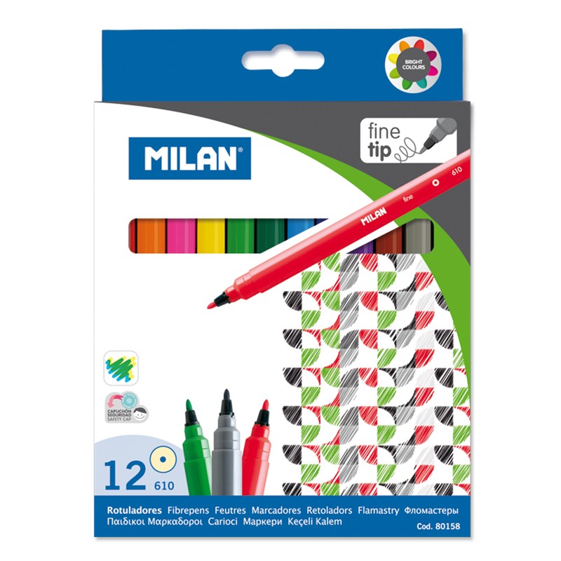 Milan Pack de 12 Rotuladores - Punta Fina de 2mm - Tinta al Agua - Lavable - Colores Surtidos