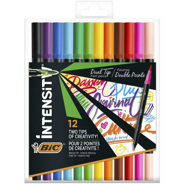 Bic Intensity Doble Punta Blister de 12 Rotuladores - Punta fina de 0.7 mm y de pincel - Colores brillantes y vivos - Tinta a base de agua