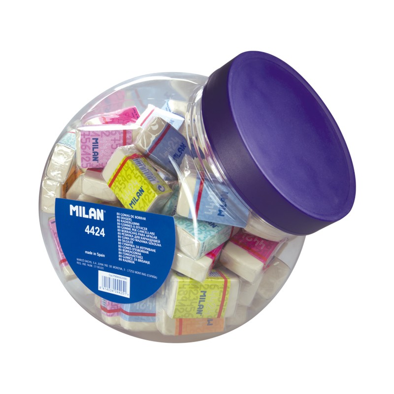 Milan 4424 Pack de 80 Gomas de Borrar Rectangulares - Miga de Pan - Suave Caucho Sintetico - Faja de Carton de Colores - Color Blanco