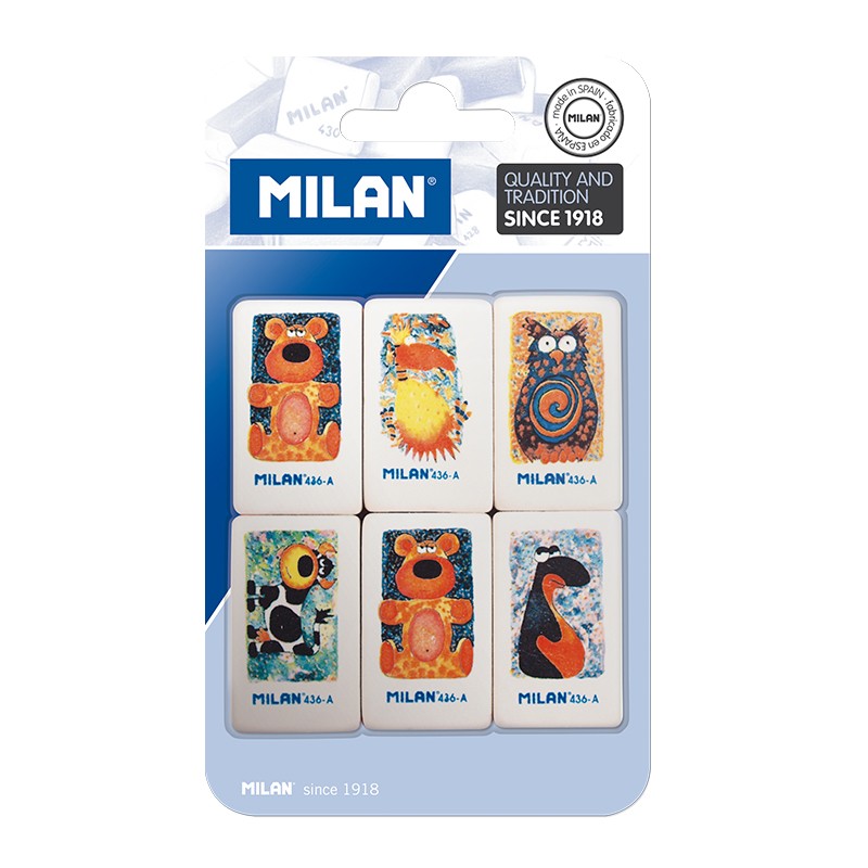 Milan 436A Pack de 6 Gomas de Borrar Rectangulares - Miga de Pan - Caucho Suave Sintetico - Dibujos Infantiles Surtidos - Color Blanco