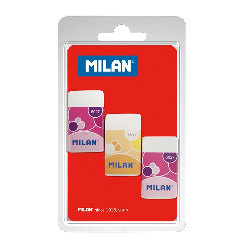 Milan Nata 6027 Pack de 3 Gomas de Borrar Rectangulares - Miga de Pan - Plastico - Faja de Carton en Colores Surtidos - Color Blanco