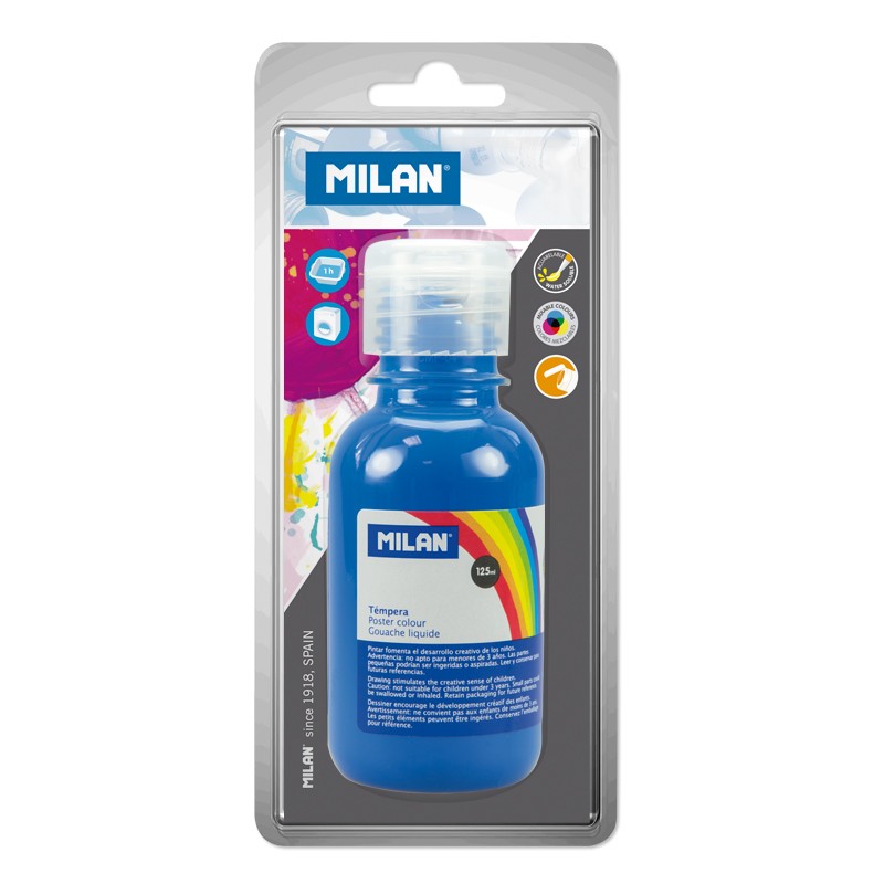 Milan Botella de Tempera 125 ml - Tapon Dosificador - Secado Rapido - Mezclable - Color Cyan