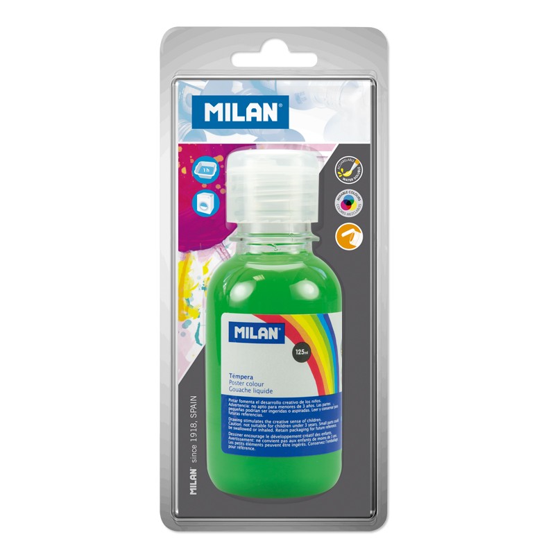 Milan Botella de Tempera 125 ml - Tapon Dosificador - Secado Rapido - Mezclable - Color Verde Claro