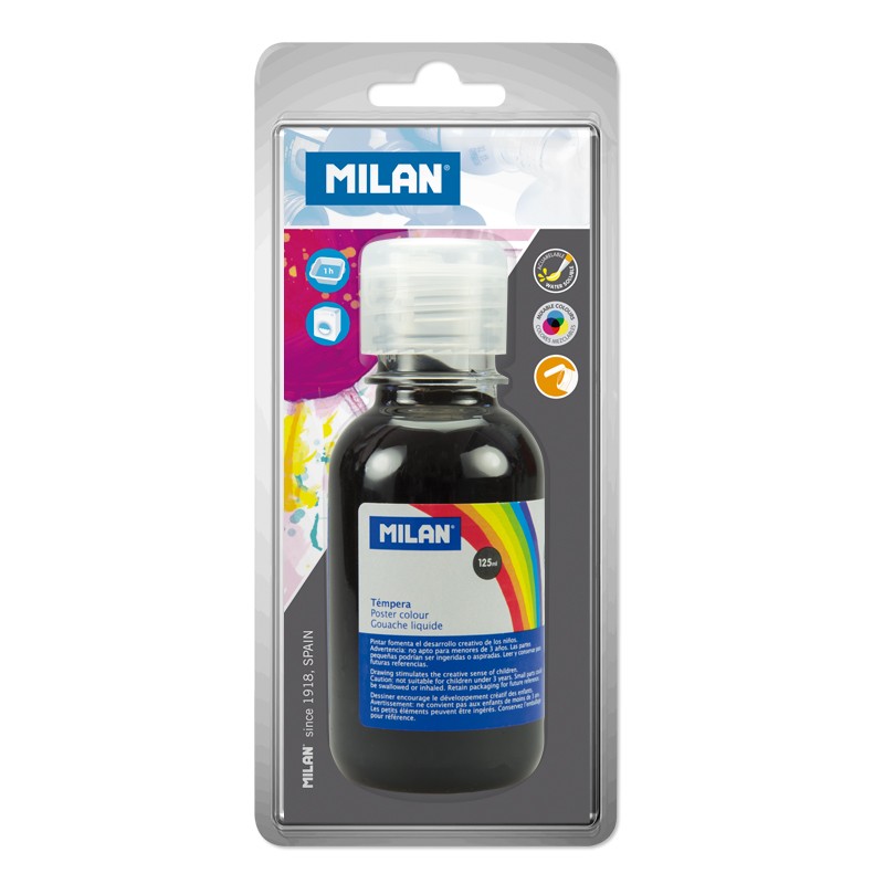 Milan Botella de Tempera 125 ml - Tapon Dosificador - Secado Rapido - Mezclable - Color Negro