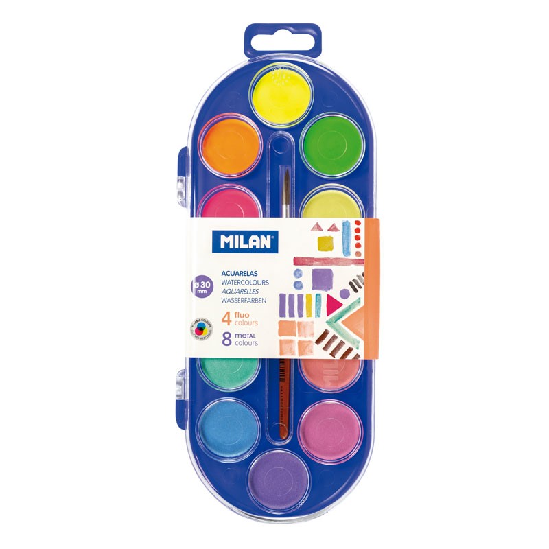 Milan 0531512 Estuche de 12 Acuarelas Ø30 mm + Pincel  Serie 101 - Mezclable - Colores Fluorescentes y Metalizados
