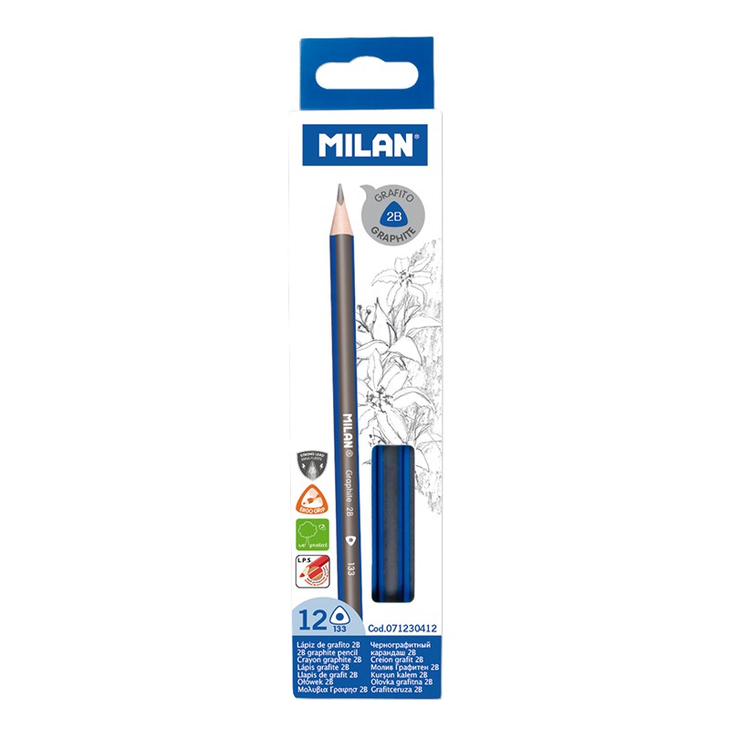 Milan Pack de 12 Lapices de Grafito Triangulares - Mina 2B de 2.4mm - Resistente a la Rotura - Recomendado para Dibujo Artistico