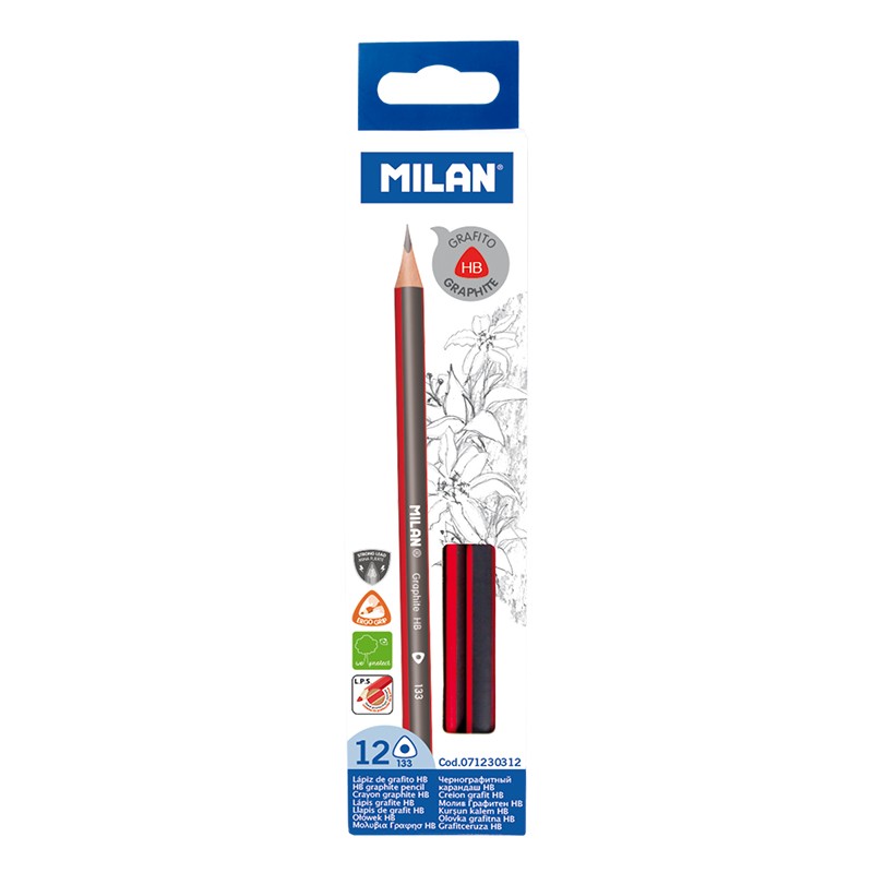 Milan Pack de 12 Lapices de Grafito Triangulares - Mina HB de 2.2mm - Resistente a la Rotura - Para Escritura y Dibujo