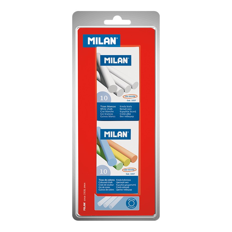 Milan Pack de 2 Cajas de 10 Tizas, 1xCaja Tizas Blancas, 1x Caja Tizas Colores - Redondas - No Contienen Caseina - Colores Surtidos