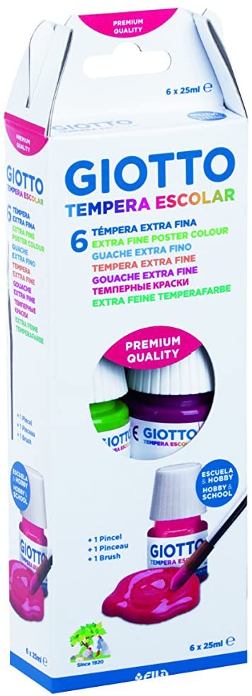 Giotto Tempera Pack de 6 Botes de 25 ml. + Pincel - Base Agua - Excelente Cobertura - Colores Surtidos
