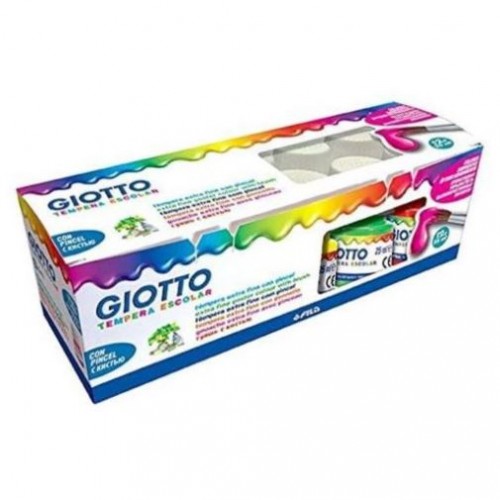 Giotto Tempera Pack de 12 Botes de 25 ml. + Pincel - Base Agua - Excelente Cobertura - Colores Surtidos