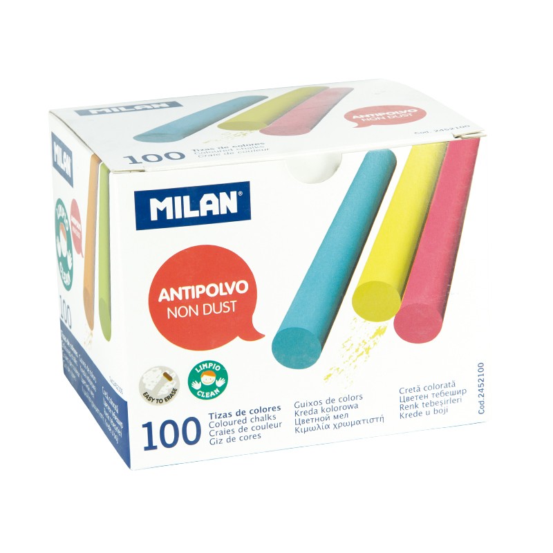 Milan Pack de 100 Tizas - Redondas - Antipolvo - No Contienen Caseina ni Yeso - Colores Surtidos