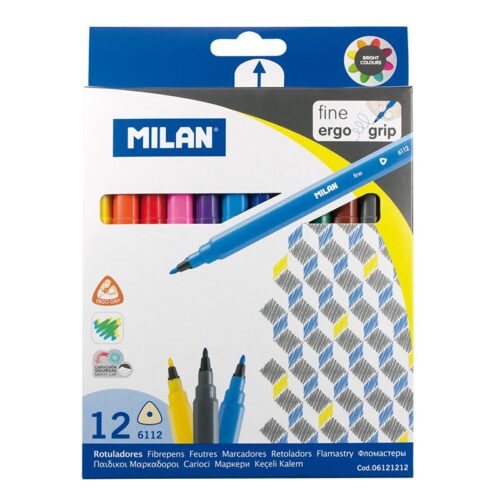 Milan Pack de 12 Rotuladores Triangulares - Punta Fina Conica 2mm - Tinta al Agua - Lavable - Colores Surtidos