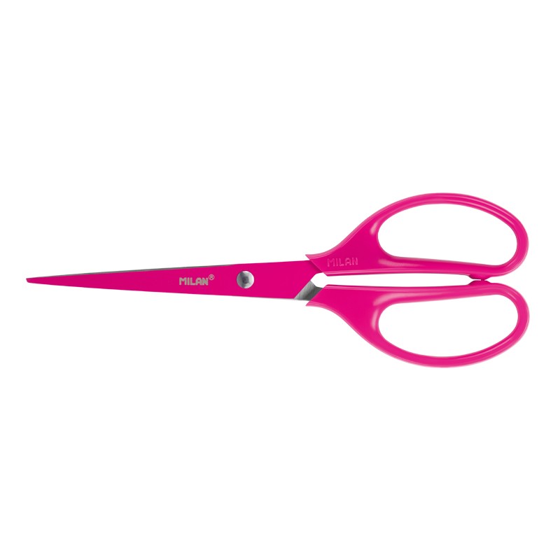 Milan Tijeras Oficina Acid con Cuchilla de Acero Inoxidable - Mango de Plastico Simetrico - Longitud 17cm - Color Rosa