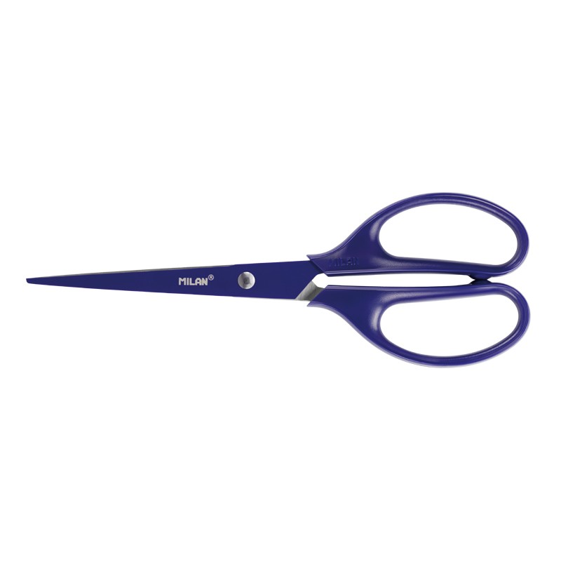 Milan Tijeras Oficina Acid con Cuchilla de Acero Inoxidable - Mango de Plastico Simetrico - Longitud 17cm - Color Azul
