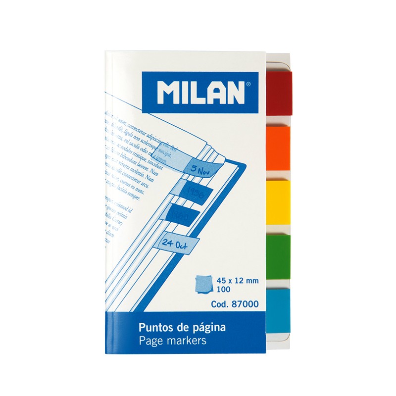 Milan Bloc de 100 Puntos de Pagina de Colores - Parte Transparente Adhesiva - Plastico - Removibles - Medidas 45mm x 12mm - Colores Surtidos