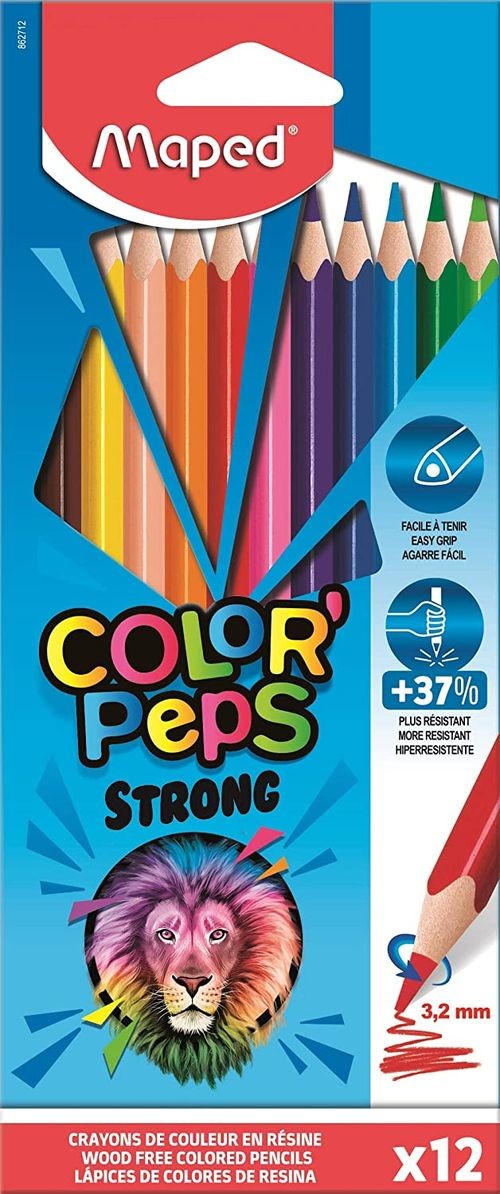 Maped Color´Peps Strong Lapices Triangulares de Colores - Sin Madera - Mina 3,2 mm - Punta Ultra Resistente - Colores Surtidos - Estuche de 12 ud