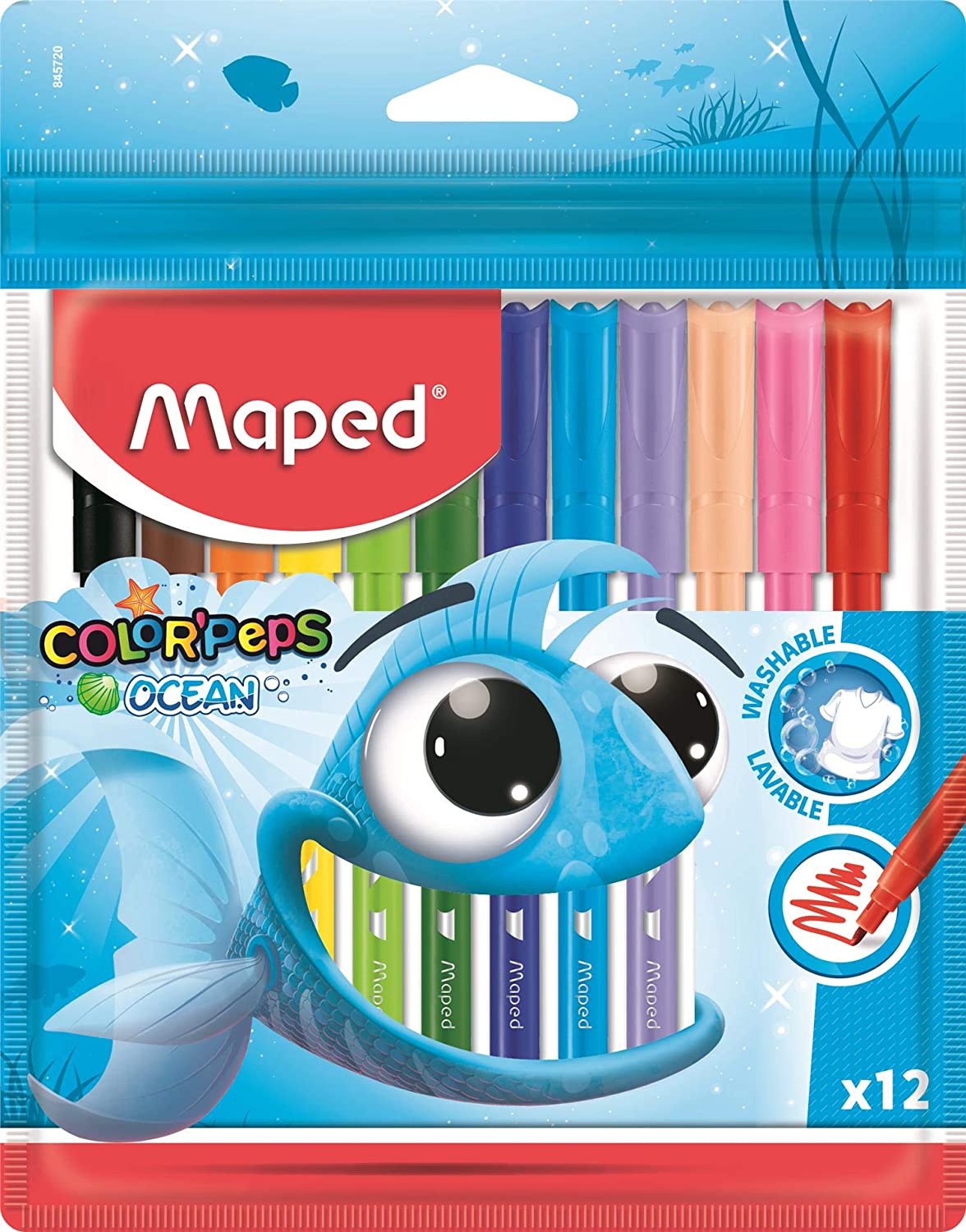 Maped Rotuladores Color´Peps Ocean - Punta Media Bloqueada 2 mm. - Ojival, Suave y Flexible - Colores Brillantes y Vivos - Tinta Lavable - Blister de 12 uds.