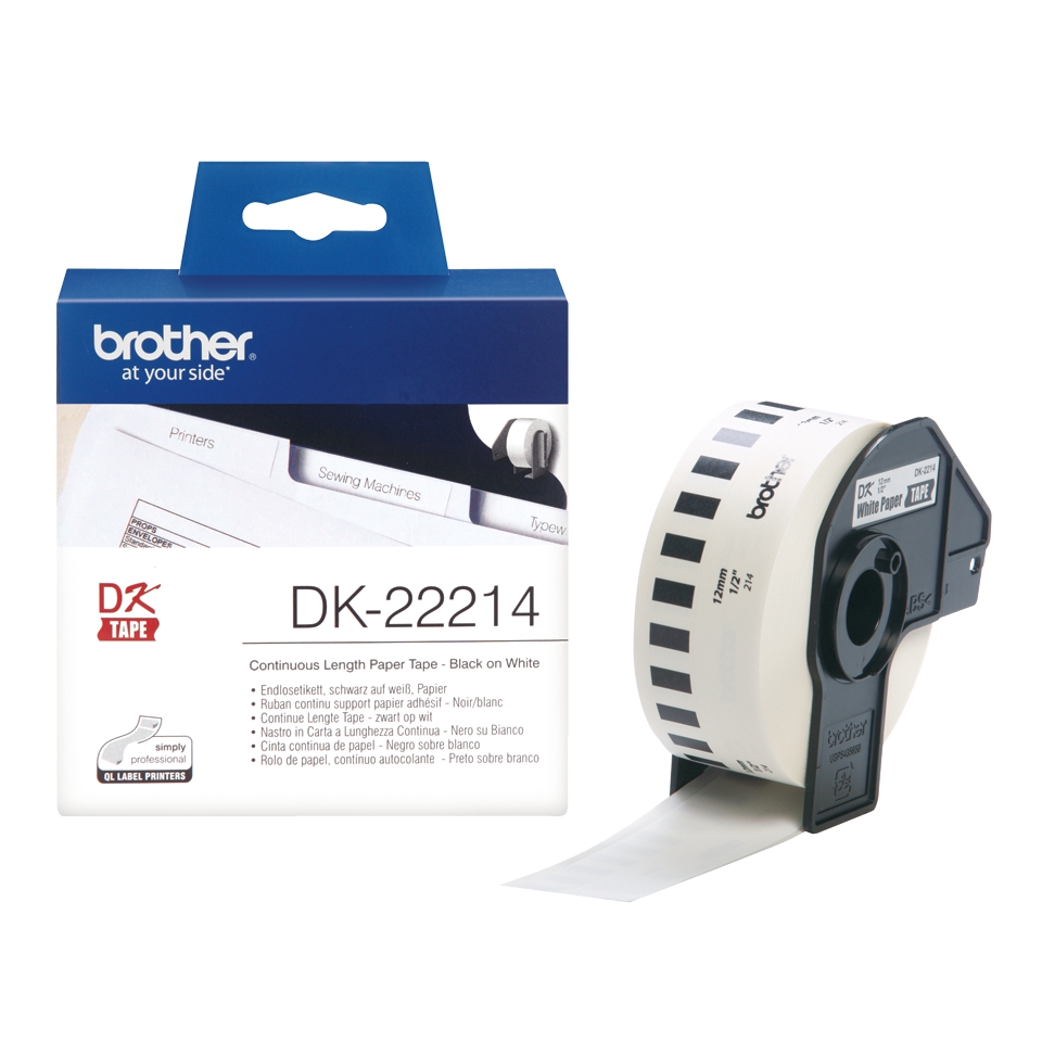 Brother DK22214 - Etiquetas Originales de Tamao personalizado - Ancho 12mm x 30,48 metros - Texto negro sobre fondo blanco