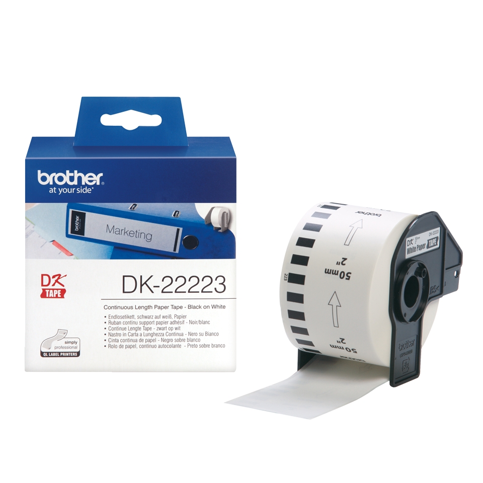 Brother DK22223 - Etiquetas Originales de Tamao personalizado - Ancho 50mm x 30,48 metros - Texto negro sobre fondo blanco