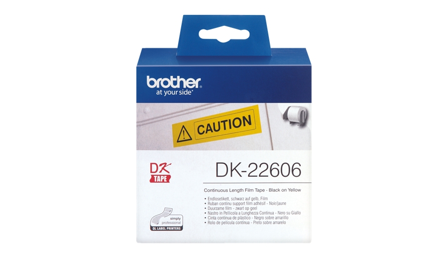Brother DK22606 - Etiquetas Originales de Tamao personalizado - Ancho 62mm x 15,24 metros - Texto negro sobre fondo amarillo