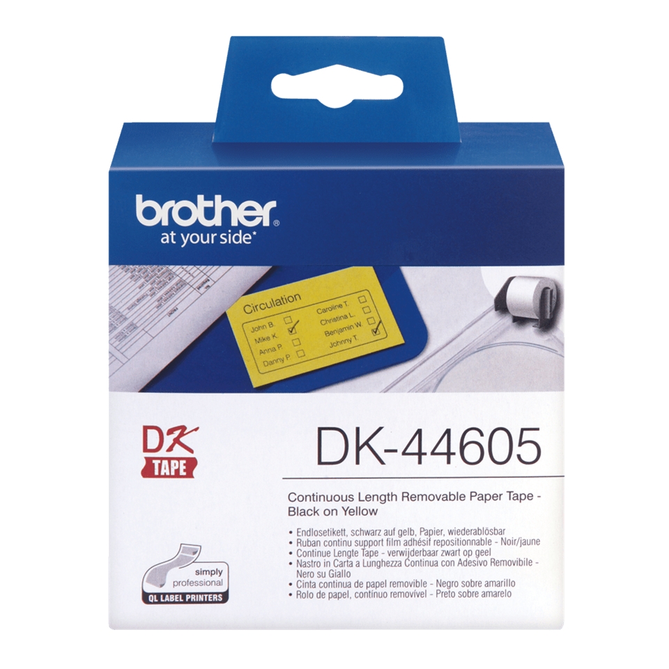 Brother DK44605 - Etiquetas Removibles Originales de Tamao personalizado - Ancho 62mm x 30,48 metros - Texto negro sobre fondo amarillo
