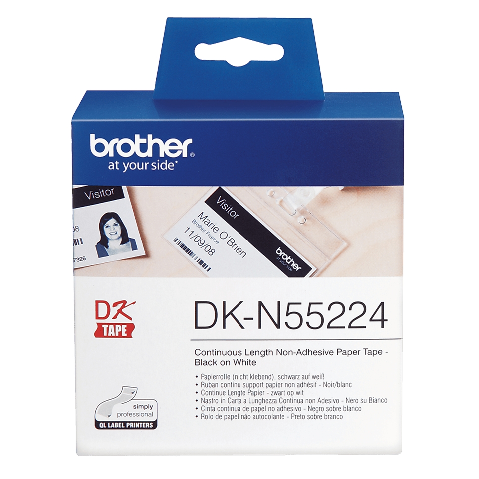 Brother DKN55224 - Etiquetas No Adhesivas Originales de Tamao personalizado - Ancho 54mm x 30,48 metros - Texto negro sobre fondo blanco