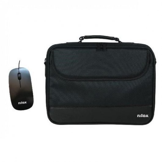 Nilox Pack de Maletin para Portatil hasta 15.6" + Raton USB 1200dpi - Bolsillo Exterior - Cierre de Cremallera - Bandolera - Color Negro