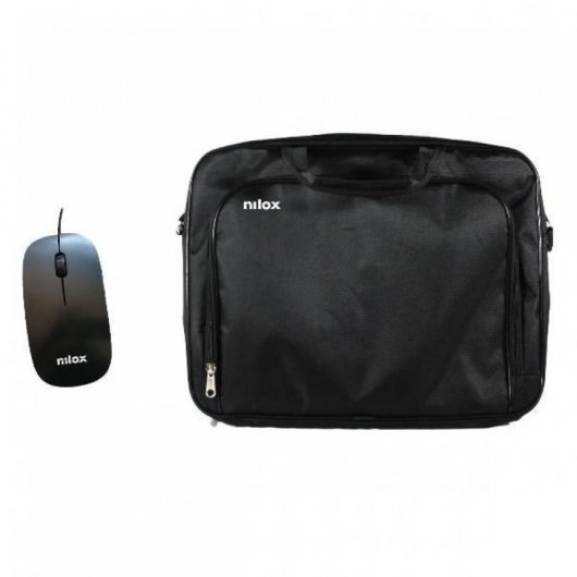 Nilox Pack de Maletin Essential 2 para Portatil hasta 15.6" + Raton USB 1200dpi - Bolsillo Exterior - Cierres de Cremallera - Bandolera - Color Negro