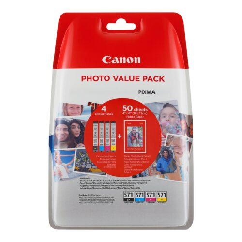 Canon CLI571 Pack de 4 Cartuchos de Tinta Originales - 50 Hojas de Papel Fotografico - 0386C006