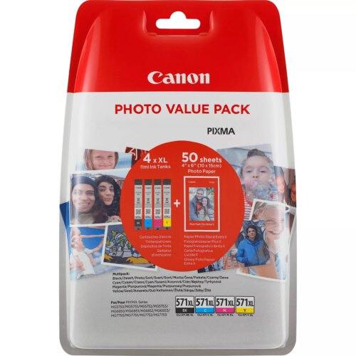 Canon CLI571XL Pack de 4 Cartuchos de Tinta Originales - 50 Hojas de Papel Fotografico - 0332C005