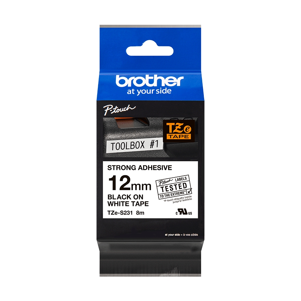 Brother TZeS231 Cinta Laminada Super Adhesiva Original de Etiquetas - Texto negro sobre fondo blanco - Ancho 12mm x 8 metros