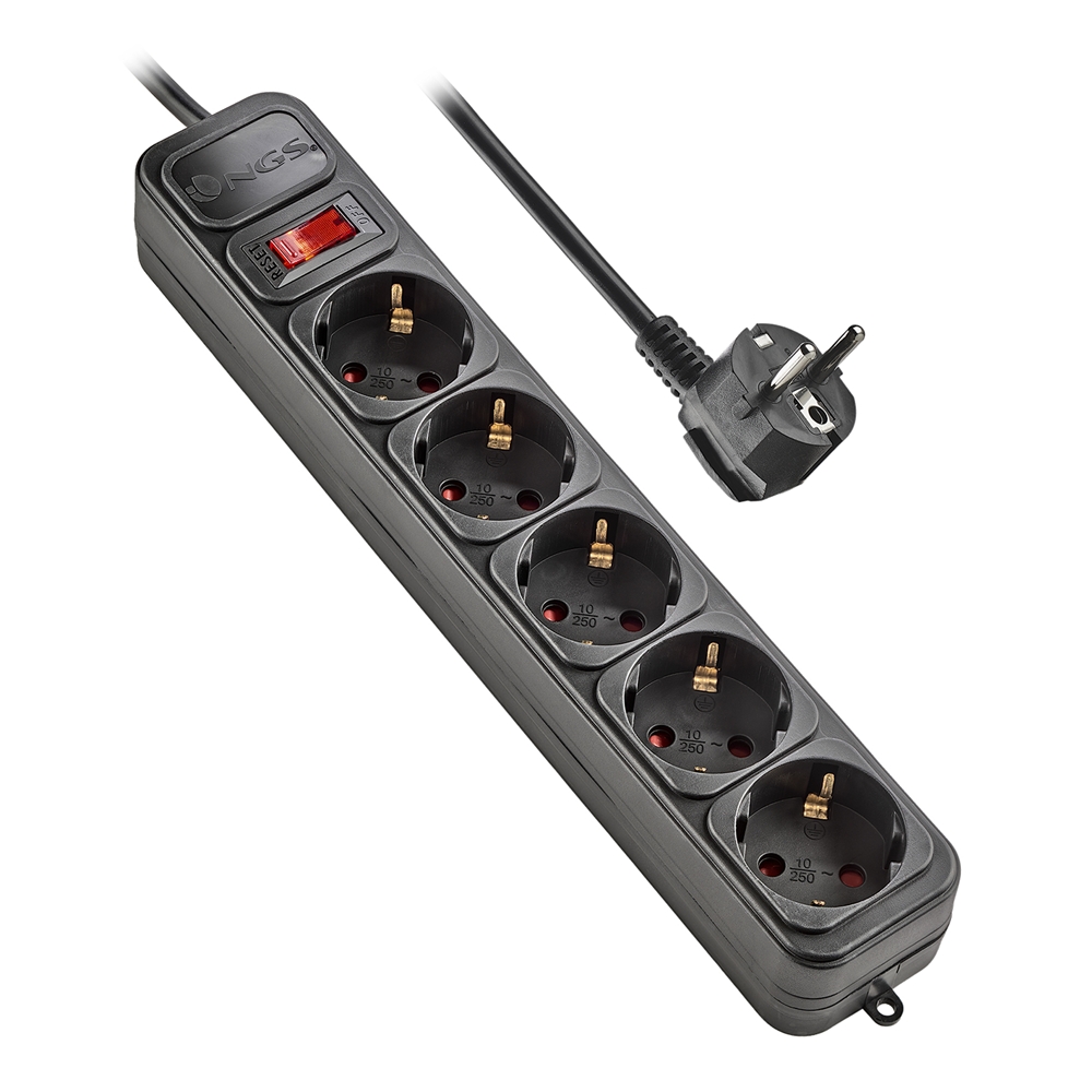 NGS Surge Pole 500 Regleta de Proteccion con 5 Shuckos - Hasta 10A - Cable de 1.50 m - Interruptor On/Off - Color Negro