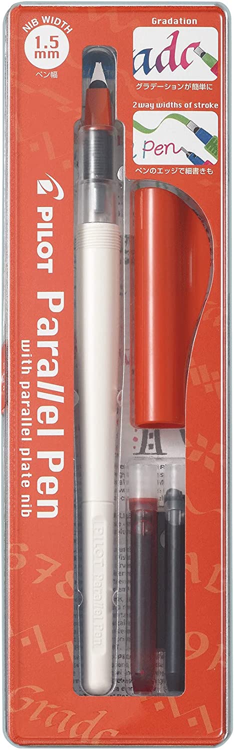Pilot Pack de Pluma Estilografica Parallel Pen 1.5mm - Punta de Acero - Trazo de 1.5mm - 2 Recargas, Kit Limpieza Interior y Exterior - Color Negro/Rojo