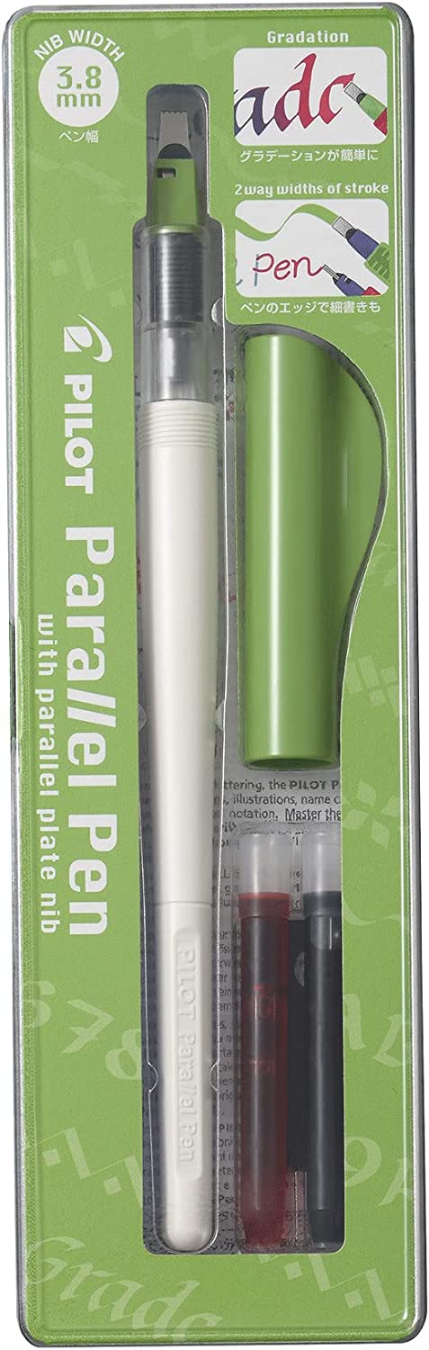 Pilot Pack de Pluma Estilografica Parallel Pen 3.8mm - Punta de Acero - Trazo de 3.8mm - 2 Recargas, Kit Limpieza Interior y Exterior - Color Negro/Rojo