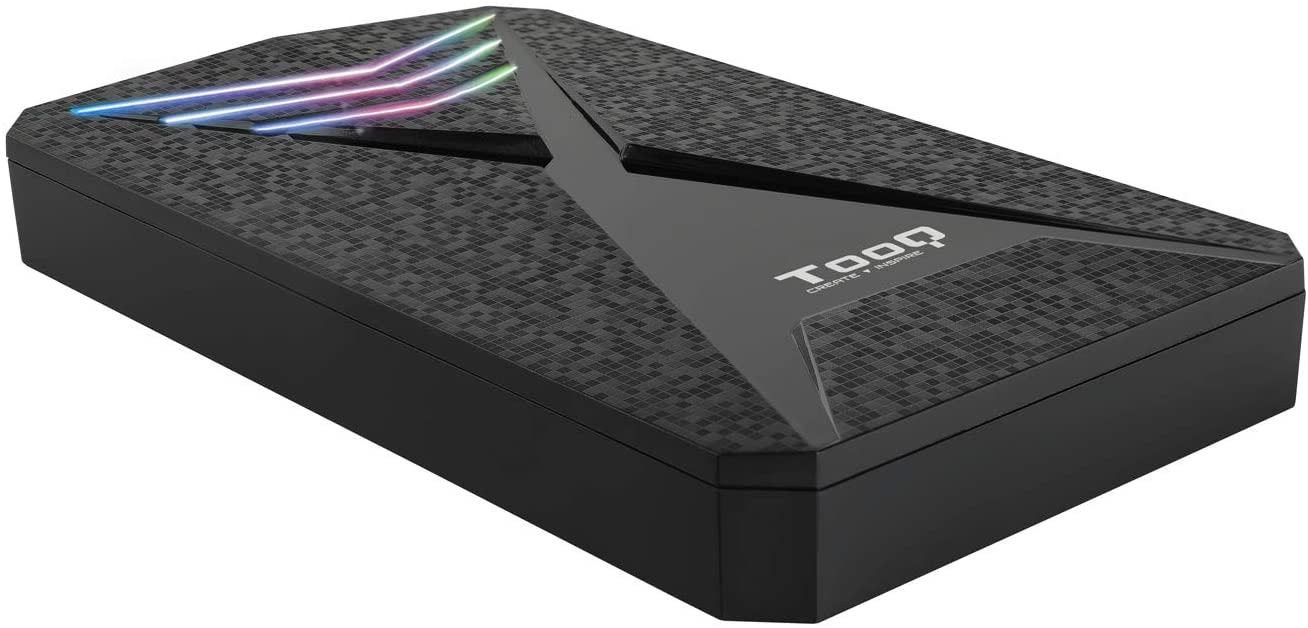 Tooq Carcasa Externa Gaming HDD/SDD 2.5" hasta 9.5mm SATA USB 3.0/3.1 Gen 1 - Iluminacion LED RGB - Sin Tornillos - Color Negro