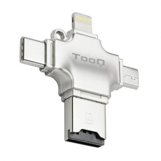 Tooq Lector de Tarjetas Micro SD con Conectores USB-A, Lightning, Micro-USB y USB-C - Color Plata