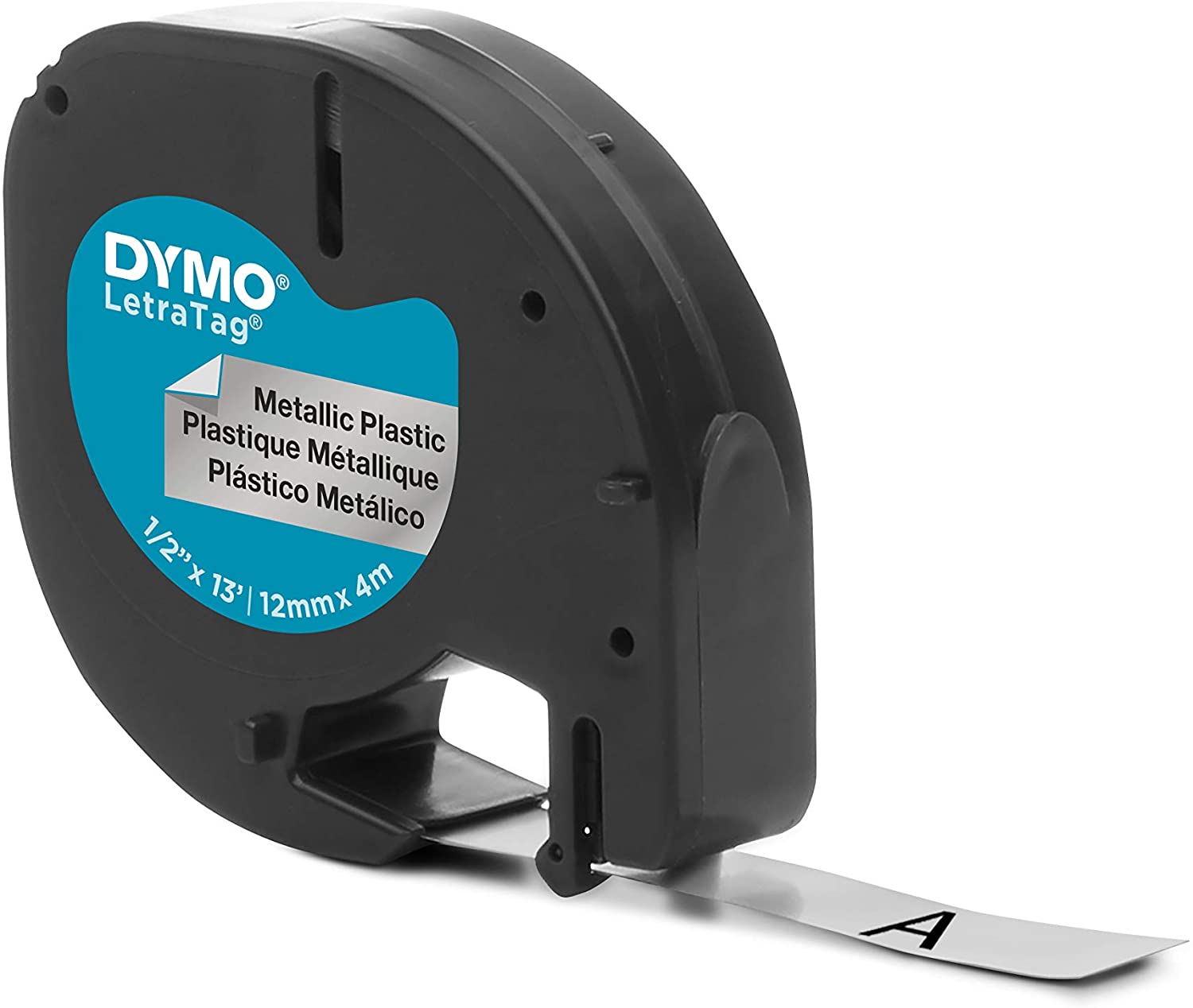 Dymo LetraTag S0721730 Cinta de Etiquetas Original para Rotuladora - Texto negro sobre fondo metalico - Ancho 12mm x 4 metros (91208)