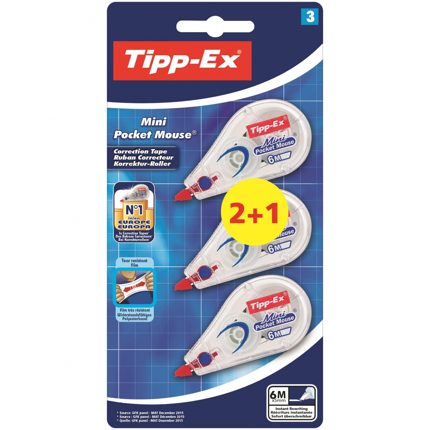 Tipp-Ex Mini Pocket Mouse 2+1 Pack de 3 Cintas Correctoras 5mm x 6m - Resistente - Escritura Instantanea