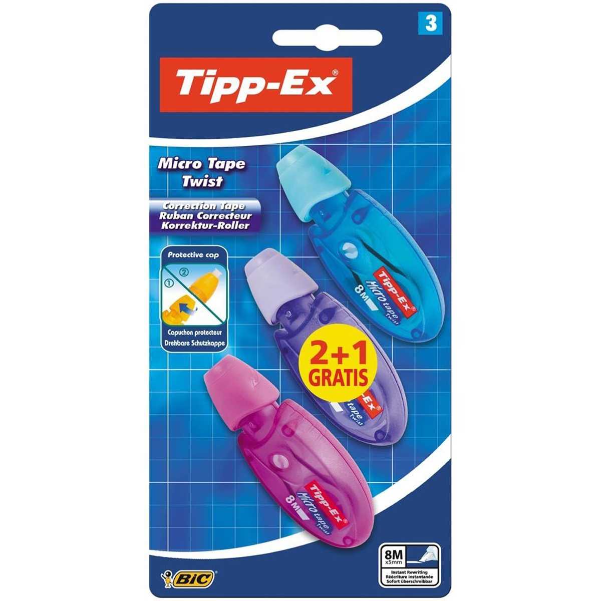 Tipp-Ex Micro Tape Twist 2+1 Pack de 3 Cintas Correctoras 5mm x 8m - Cabezal Rotativo - Escritura Instantanea