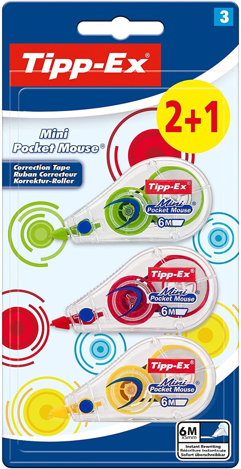 Tipp-Ex Mini Pocket Mouse Fashion 2+1 Pack de 3 Cintas Correctoras 5mm x 6m - Resistente - Escritura Instantanea