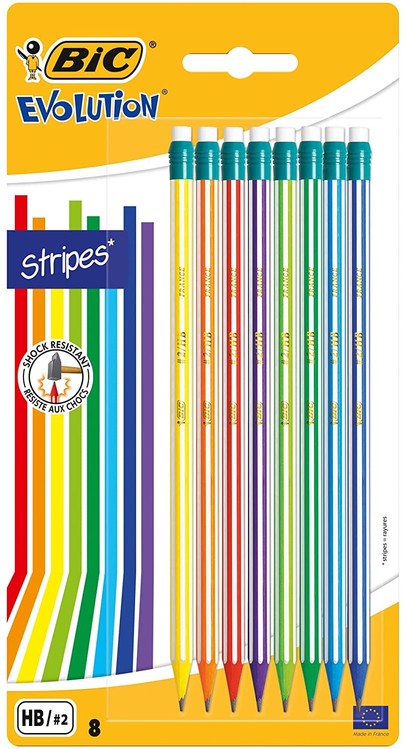 Bic Evolution Stripes Pack de 8 Lapices de Grafito Hexagonales con Goma de Borrar - Mina HB Ultraresistente - Fabricados en Resina Sintetica - Cuerpo de Colores Surtidos