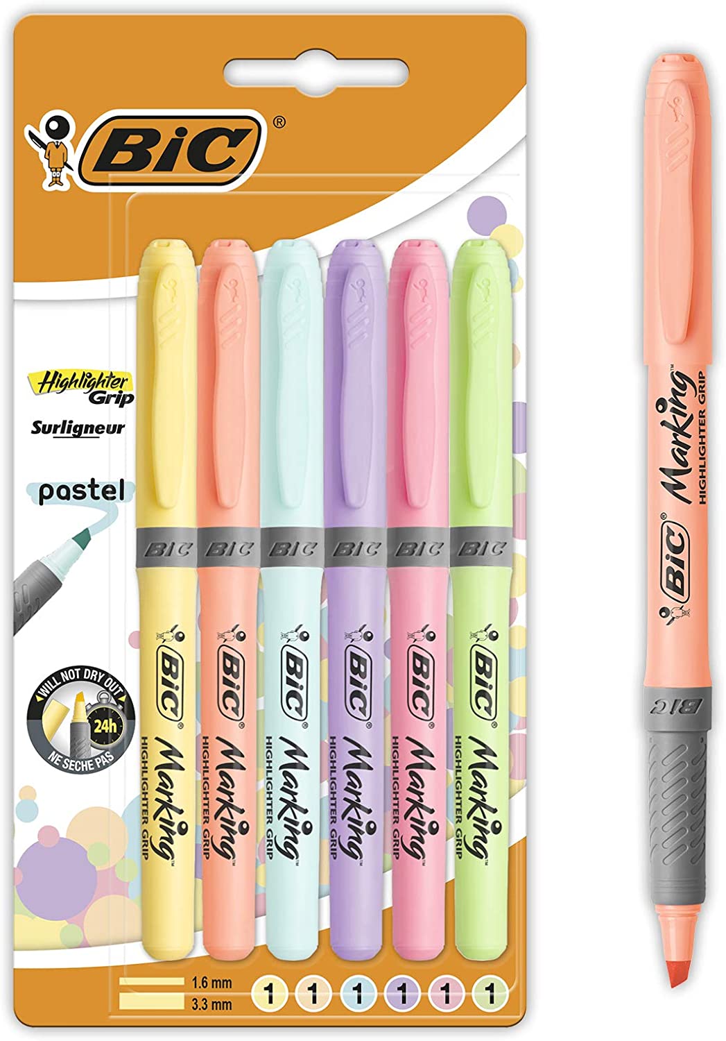 Bic Highlighter Grip Pack de 6 Marcadores Fluorescentes Pastel - Tinta con Base de Agua - Punta Biselada - Trazo entre 1.60 y 3.30mm - Colores Surtidos