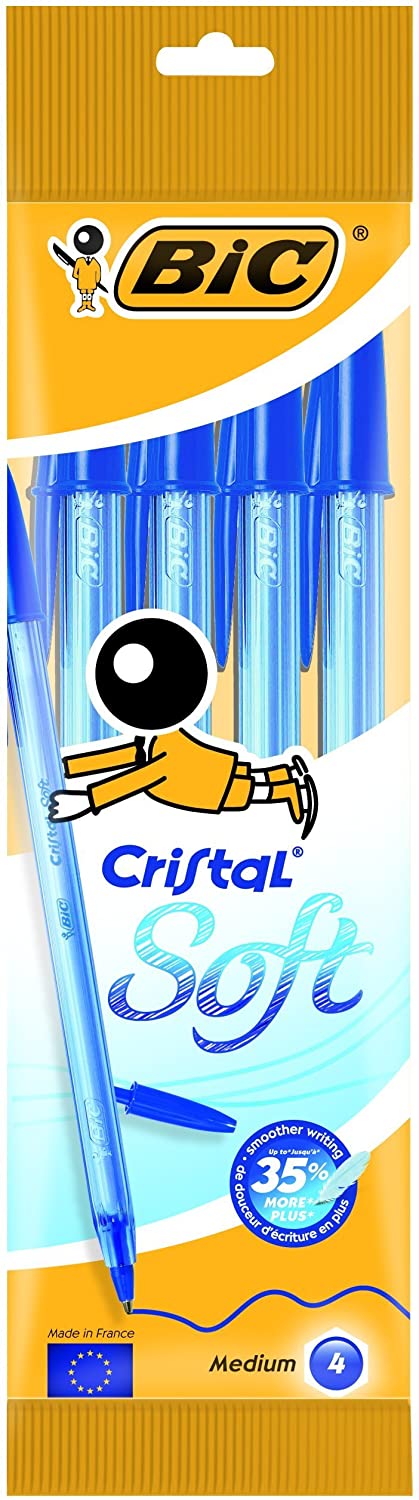 Bic Cristal Soft Pack de 4 Boligrafos de Bola - Punta Media de 1.2mm - Trazo 0.45mm - Escritura mas Fluida - Color Azul