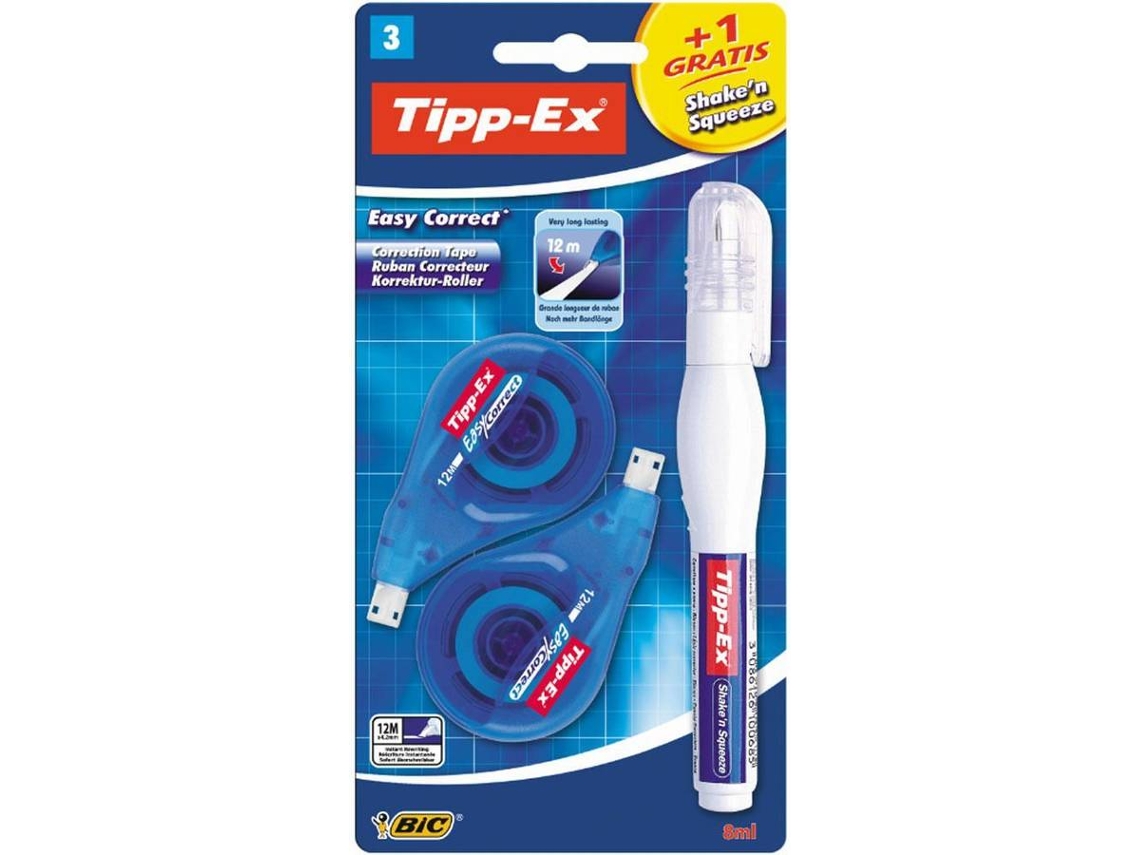 Tipp-Ex Easy Correct 2+1 Pack de 2 Cintas Correctoras 4.2mm x 12m Resistente, Escritura Instantanea + Shake'n Squeeze Lapiz Corrector 8ml Formula de Secado Rapido, Punta Metalica