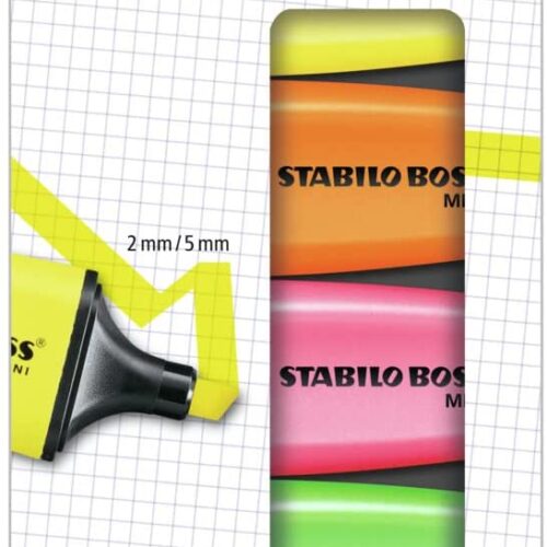 Stabilo Boss Mini Pack de 5 Marcadores Fluorescentes - Trazo entre 2 y 5mm - Tinta con Base de Agua - Antisecado - Colores Surtidos