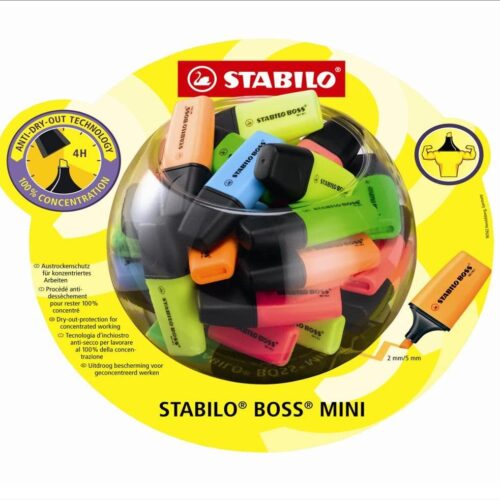 Stabilo Boss Mini Expositor con 50 Marcadores Fluorescentes - Trazo entre 2 y 5mm - Tinta con Base de Agua - Antisecado - Colores Surtidos